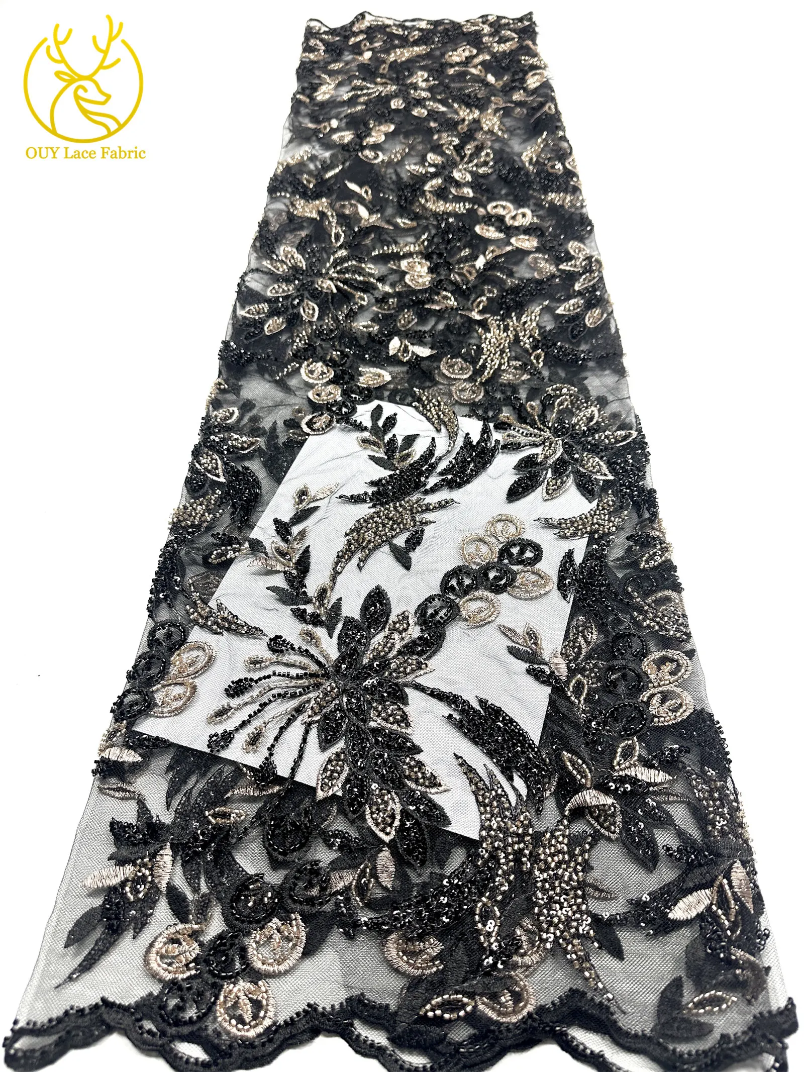 Premium-Spitzenstoff für Brautkleider Hochwertiger Afrikanischer Pailletten-Perlen-Spitzenstoff Französisch-Nigerianischer Bestickter Spitzenstoff – Detail 19