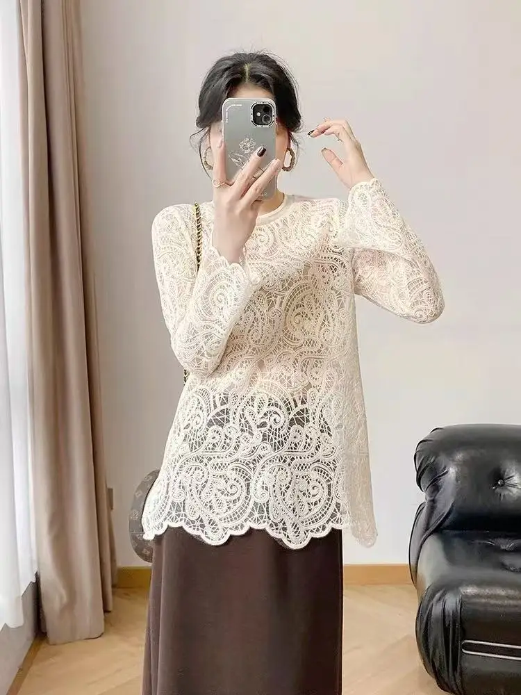 Sweter Wol Halus Musim Semi Musim Gugur Kasual Leher Bulat Pullover Renda Berongga Bawah Slim Fit Blus Jumper untuk Wanita
