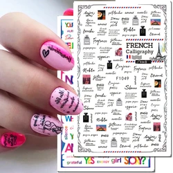 Nail Art Decals Black French Pen Words Perfumes Valentine Colorful English Letters Nail Stickers Decoration For Nail Tips Beauty