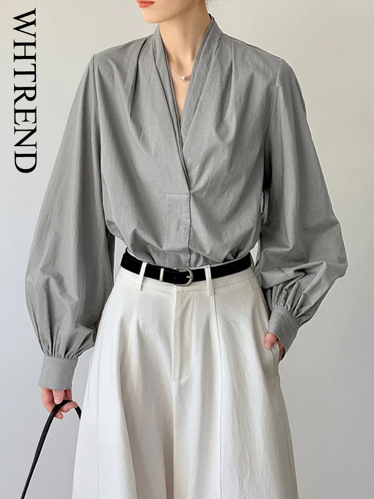 

WHTREND осенняя новая нишевая рубашка для женщин с v-образным вырезом и длинными рукавами, однотонный дизайн, свободные модные блузки для офисных женщин WH1215