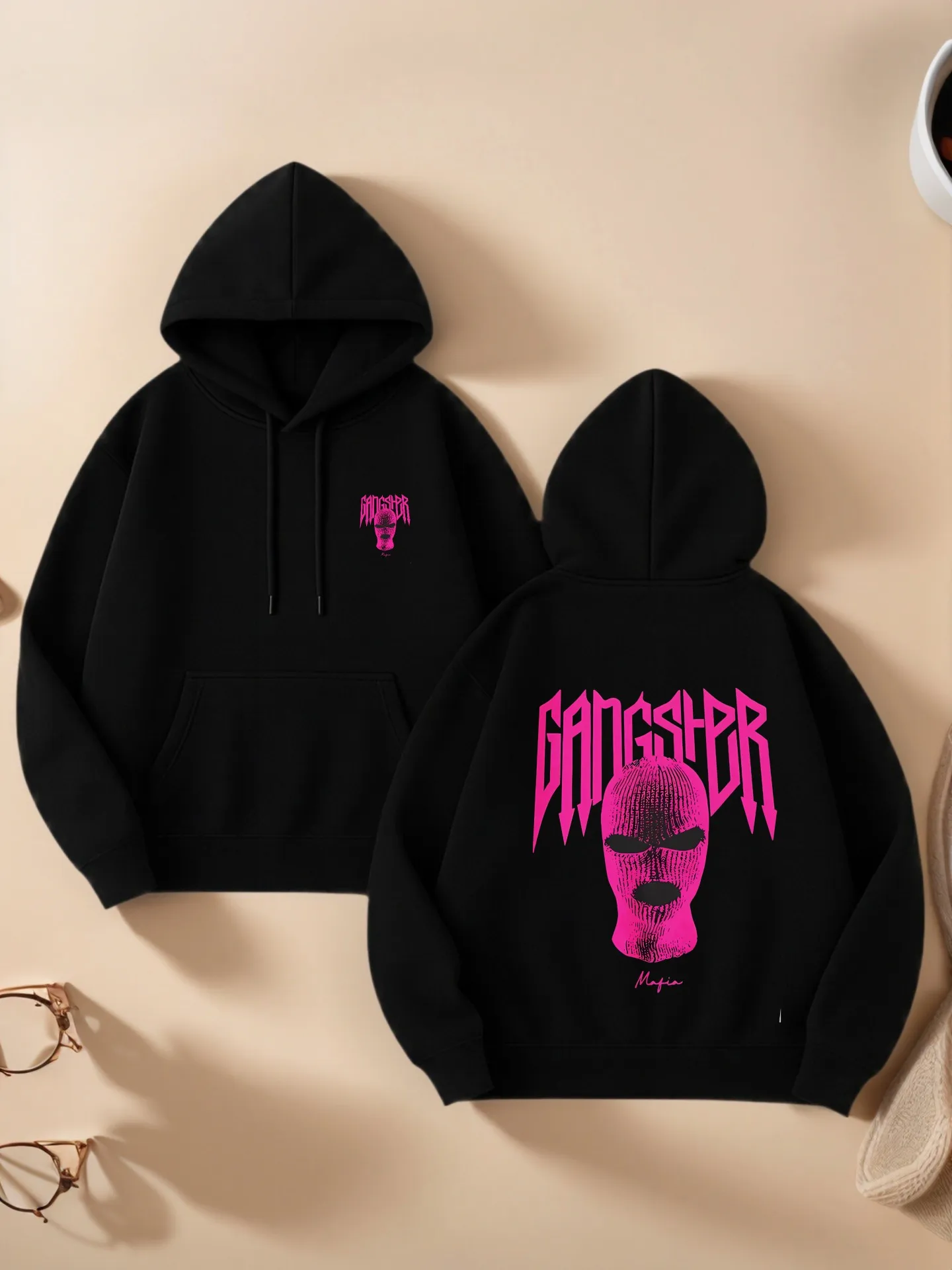 

Gangster Graphic Print Essential Hoodie, Streetwear Aesthetic, Soft Fabric, Casual Everyday Wear, For Young Men