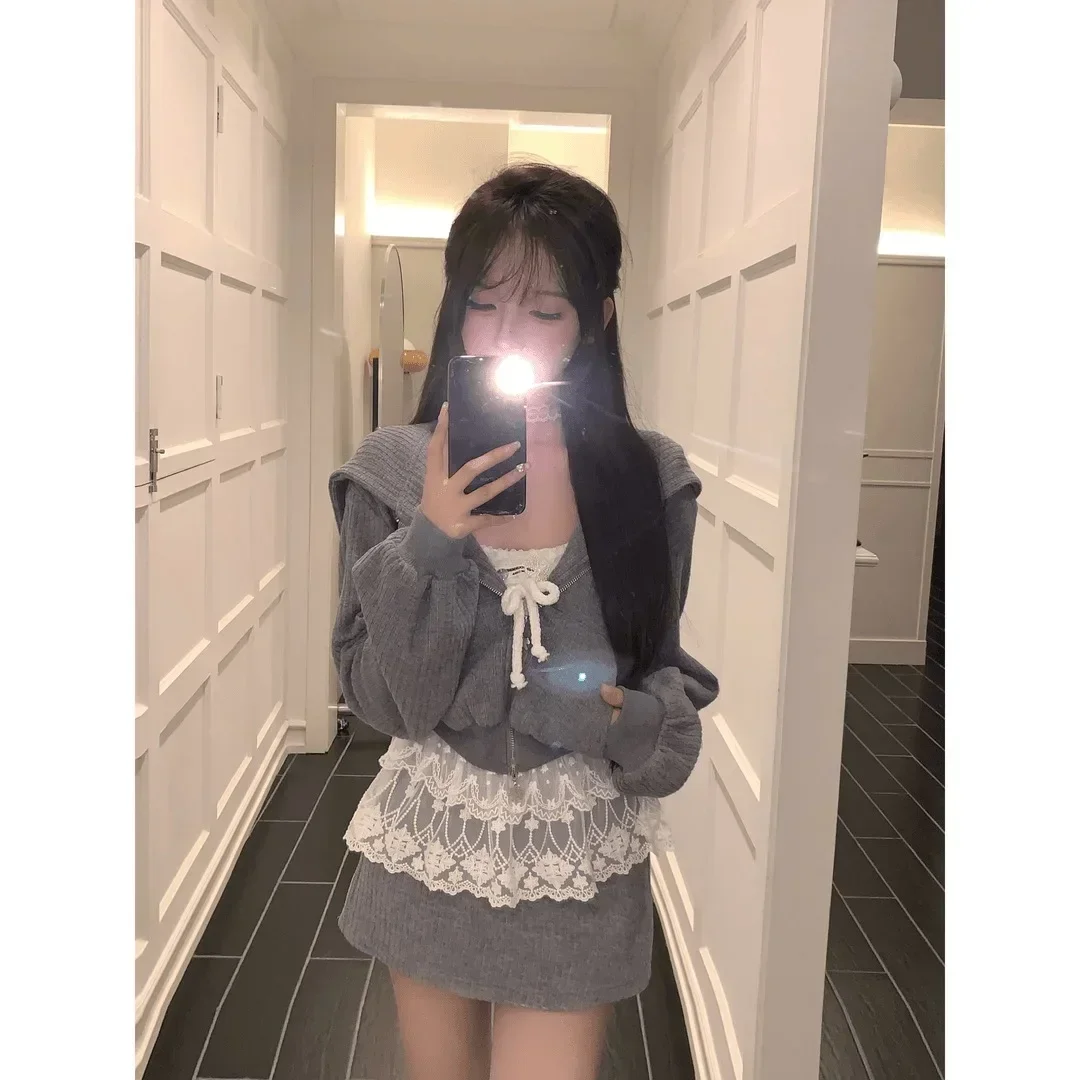 

Осенние корейские комплекты с капюшоном, женские повседневные куртки Y2k, пальто + мини-юбки, повседневные комплекты из 2 предметов, толстовки, осенние винтажные шикарные топы