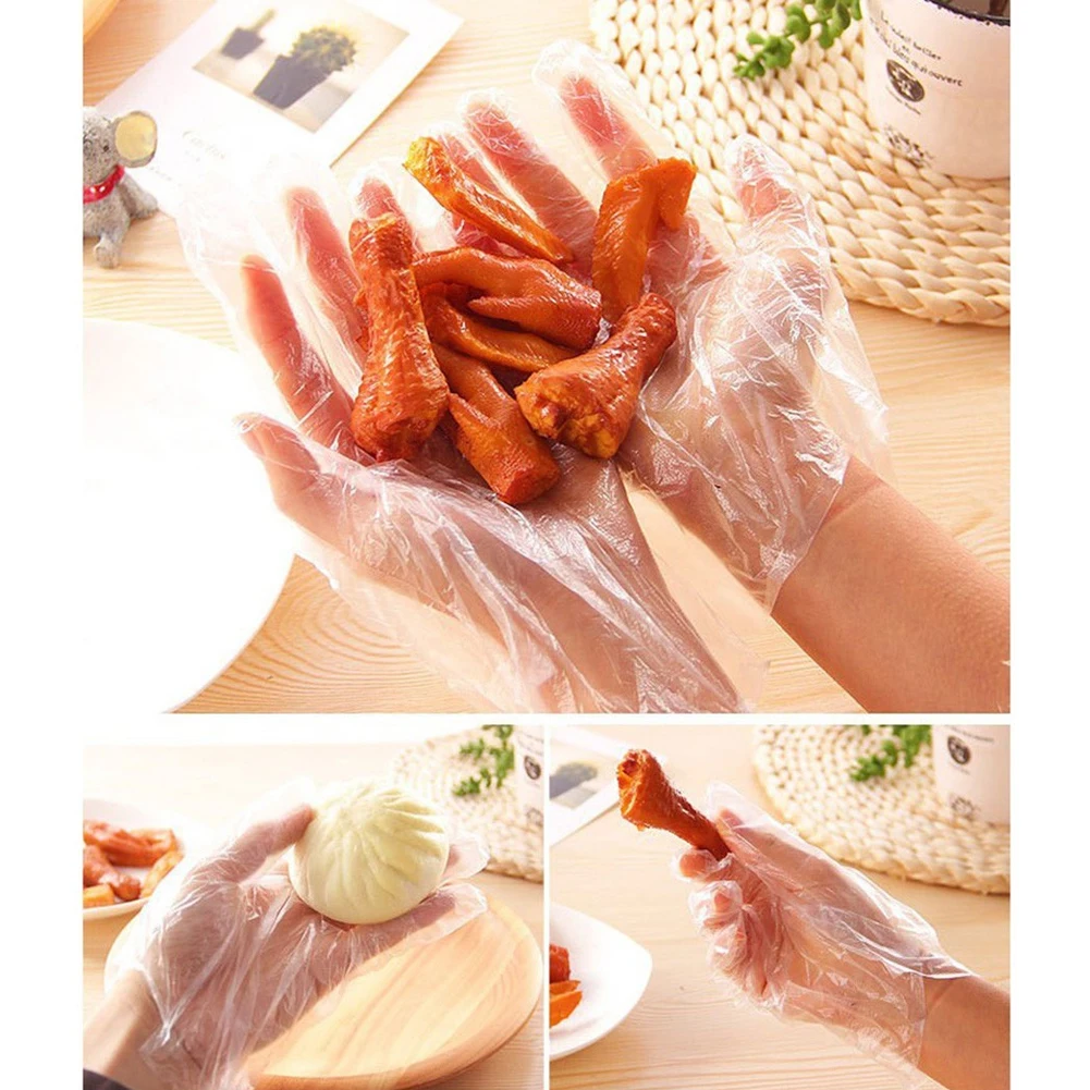 100Pcs Plastic Large Disposable Polyethylene Clear Gloves Food Dealing Cooking Cleaning Kitchen Restaurant BBQ Accessory