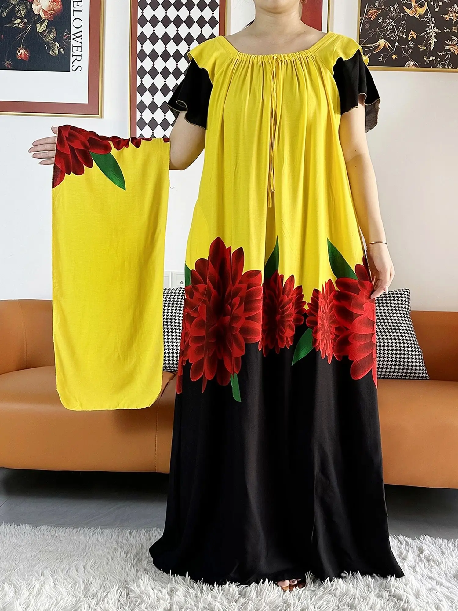 

2023 Summer African Lady Summer Short Sleeve Dresses Boat-Neck Loose Floral Boubou Maxi Islam Women Dress African Abaya Clothes