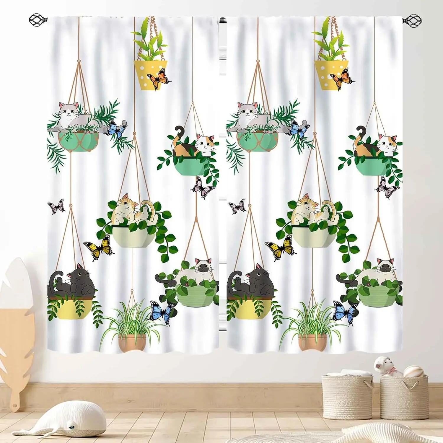 Cat Curtains, Rustic Farmhouse Hanging Potted Plants Blacketplants Kitty Cute Lovely Cats Botanical Printed Sage Green Drapery
