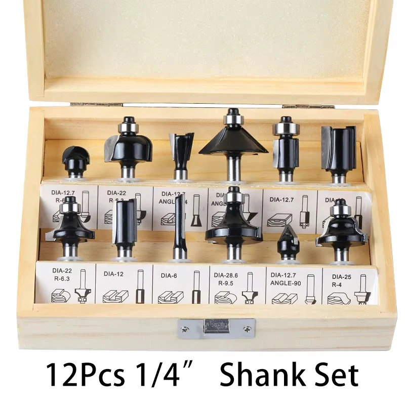 

12Pcs Router Bit Set 1/4 Shank Woodworking Milling Cutter Kit For Trimmer Engraving With Wooden Box Carpentry Tools