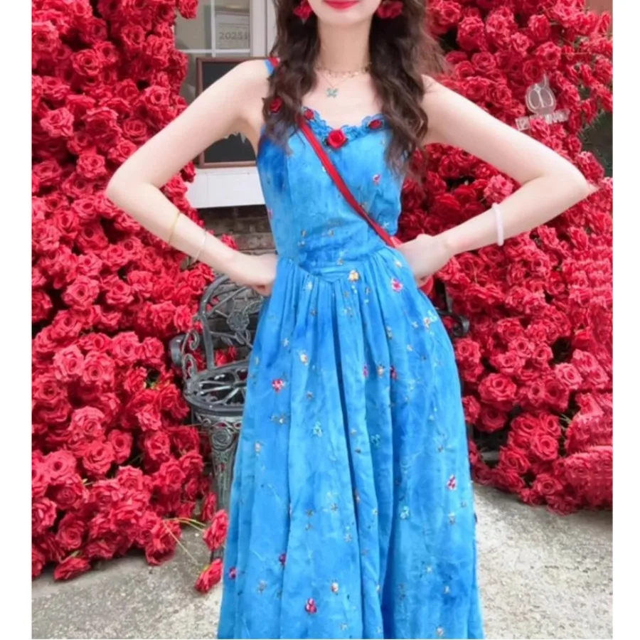 

【New style】Fashionable new blue suspender dress children's summer waist pinching floral style French slim dress all-match trend