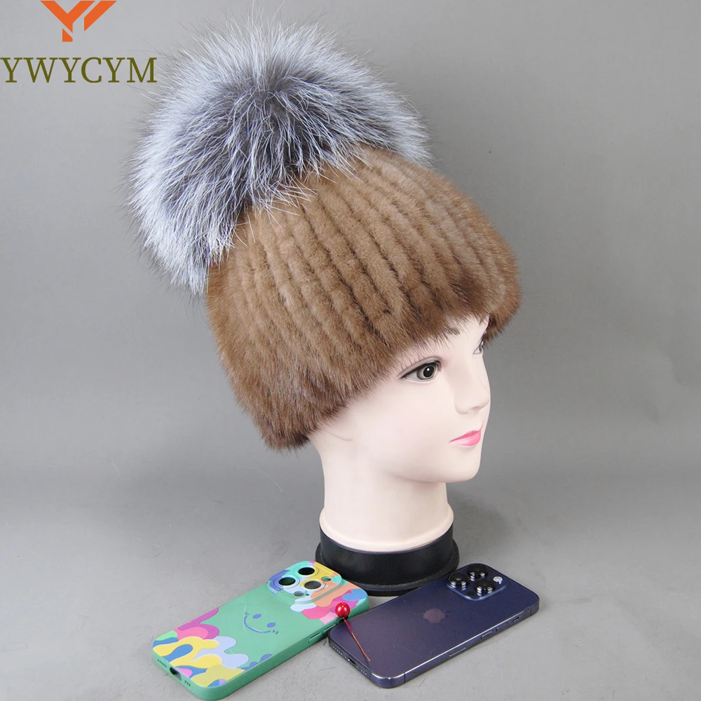 Real Mink Fur Hat For Women New Brand Thicken Female Fur Caps Ladies Winter Knitted Mink Fur Beanies With Fox Fur Pompoms Hat