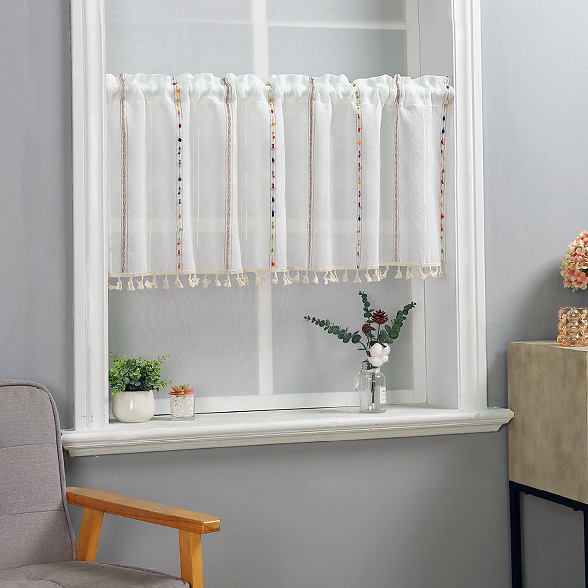 1pc Colorful Stripe Tassel Short Curtain,Rod Pocket,Pom-Pom Small Curtain Perfect for Living Room,Door and Cabinet Decor