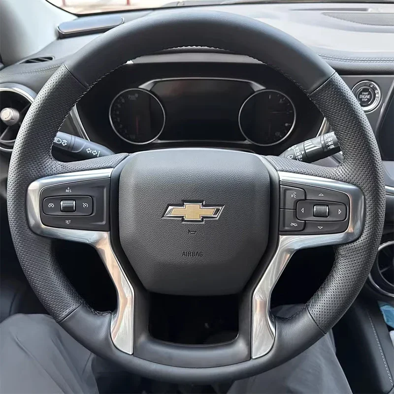 For Chevrolet Blazer Silverado 3500HD Suburban 2020-2023 Hand-stitched Black Non-slip Genuine Leather Car Steering Wheel Cover