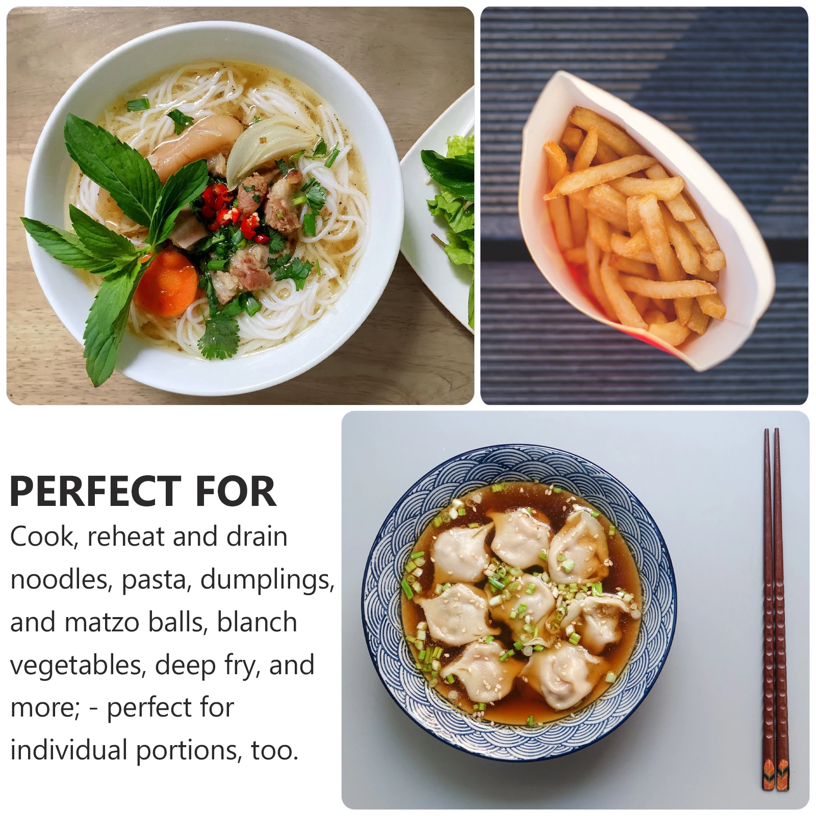 

Stainless Steel Mesh Strainer Basket Kitchenware Draining Oil Wooden Handle Hooks Anti-Scald High Temp