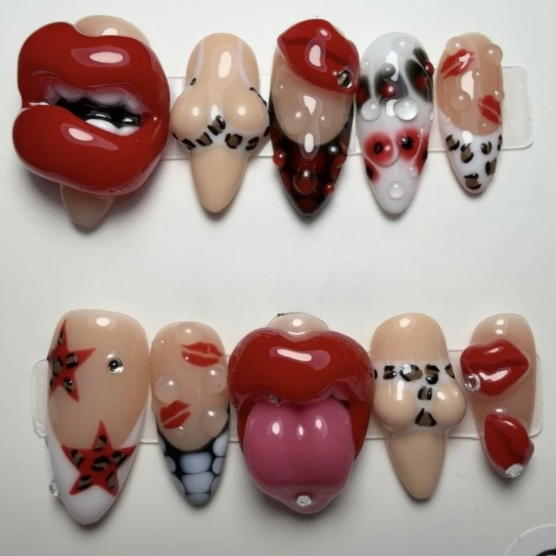 Handmade 3D Red Lip False Nail Tips, Sweet Cool Ins Style Press on Nails, Unique Reusable Nail Art for Party Daily Decoration