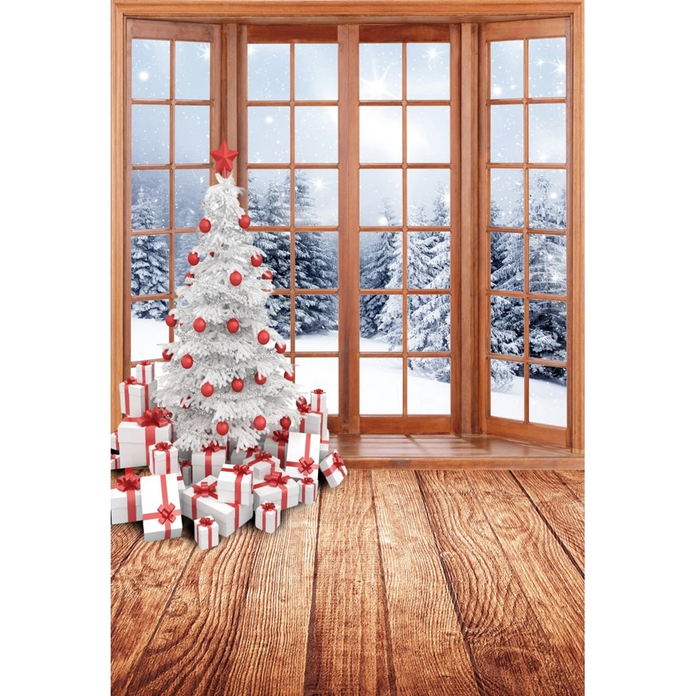 Christmas Party Decor ฉากหลังต้นไม้ของขวัญเด็ก Portrait การถ่ายภาพหน้าต่างพื้นหลัง Photocall ถ่ายภาพสตูดิโอถ่ายภาพ Props