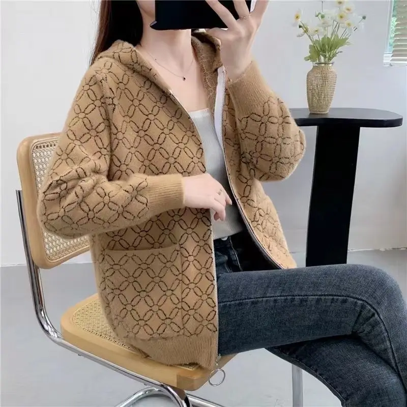 

Осень-зима, женский офисный кардиган на молнии, пальто, женская одежда, модная вязаная футболка с v-образным вырезом и длинными рукавами с принтом, женская футболка