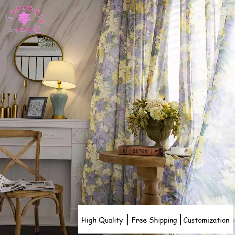 

Sample Custom Country Retro Purple Oil Painting Flowers Curtains for Living Room Pastoral Print Semi Shading Blackout Thermal