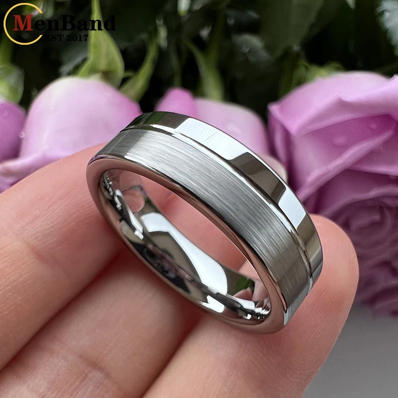 Anillos de carburo de tungsteno para hombres y mujeres, banda de boda, ranura Offset, acabado cepillado pulido, ajuste cómodo, 6MM, 8MM