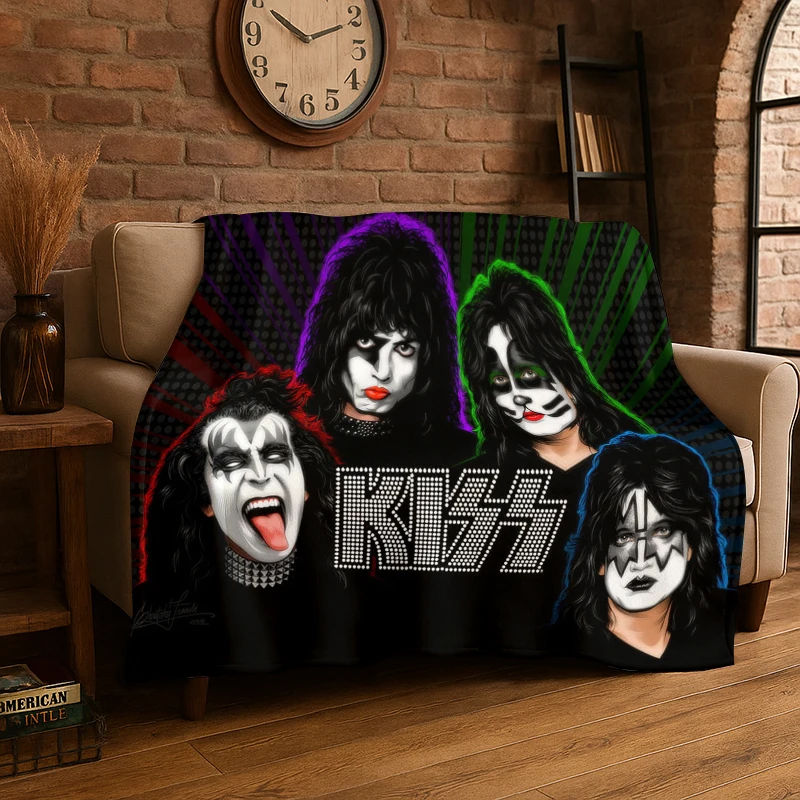 Retro Kiss Rock Heavy Metal Band Flannel Blanket Soft Warm Throw Blanket for Bedroom Living Room Bed Travel Camping Picnic Gift
