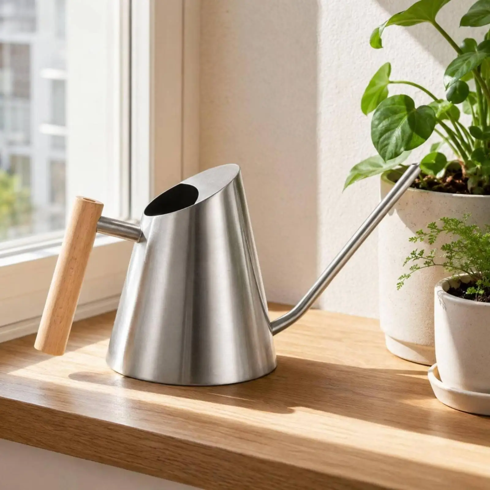 Conical Watering Can Wooden Handle Stainless Steel Watering Can Minimalist Garden Tool