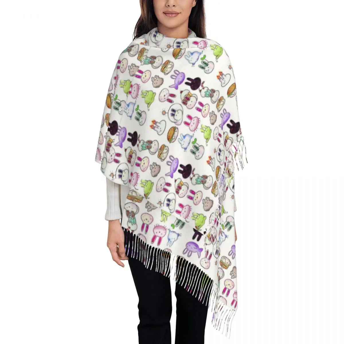 Omori Bunnies Shawl Wraps for Women Winter Warm Large Long Scarf Horror Video Game Neckerchief Tassel Scarves