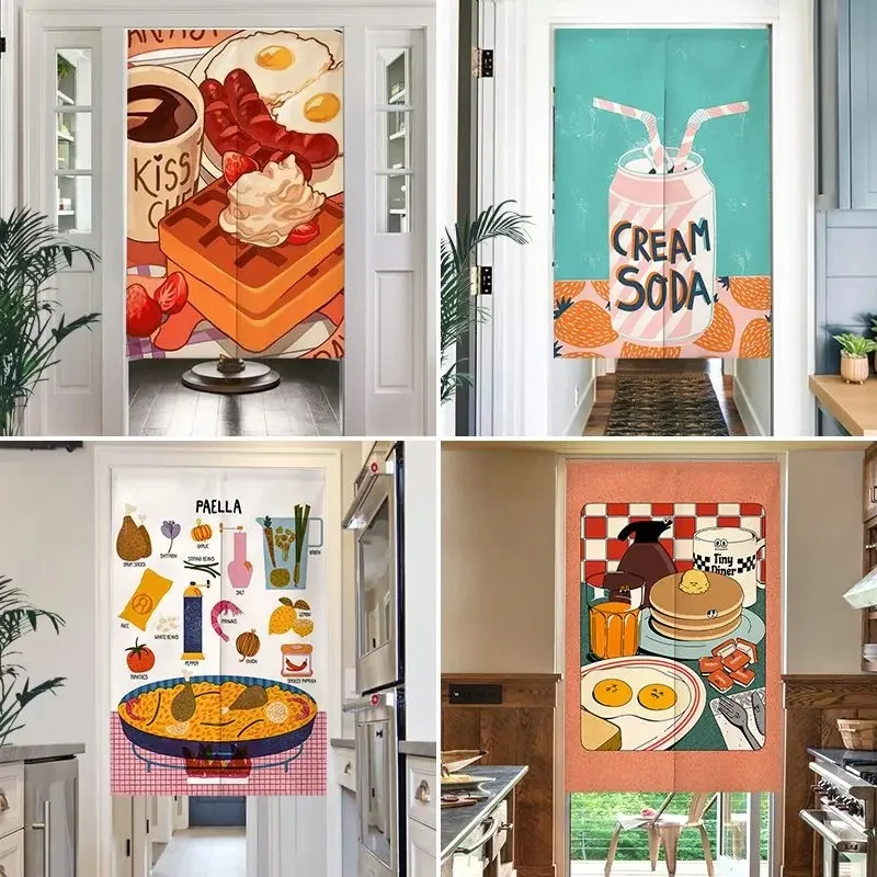 VIKAMA Breakfast Food Noren Door Curtain Cartoon Waffle Coffee Sausage Egg Print Fabric Room Divider Curtain for Kitchen Decor
