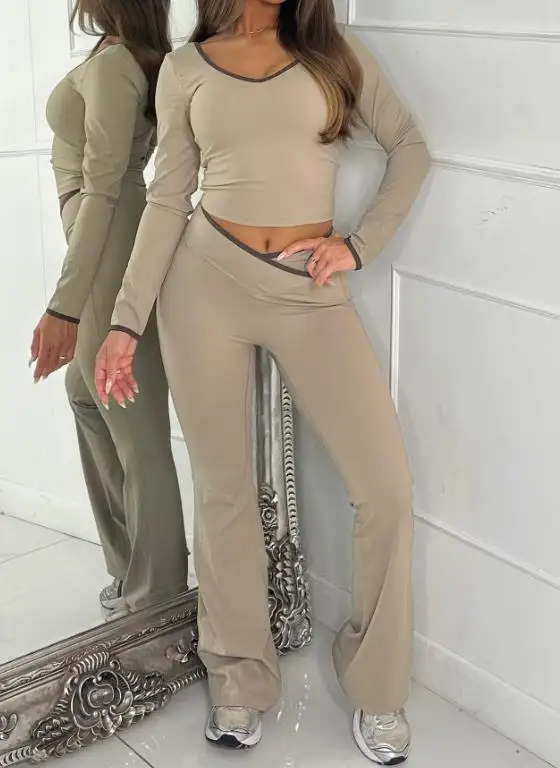 

Two Piece Set Women Outfit 2026 Spring Autumn New V-Neck Long Sleeve Slim Fit T-Shirt & High Waist Yoga Sports Pants Set