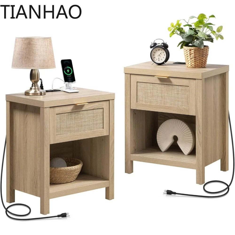 Night Stand Set of 2 with Charger Station Rattan Nightstands with Drawer Farmhouse Bedside Table with USB and Type-C Ports