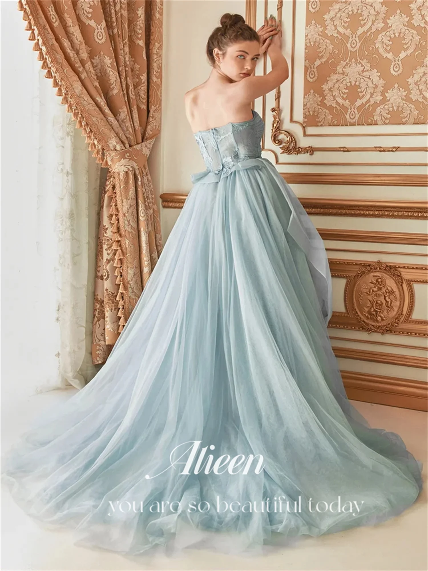 Aileen Strapless Lace Petals Sky Blue A-line Quinceanera Dresses for Formal Occasions Dubai Luxury Evening Dress Es Prom Gown