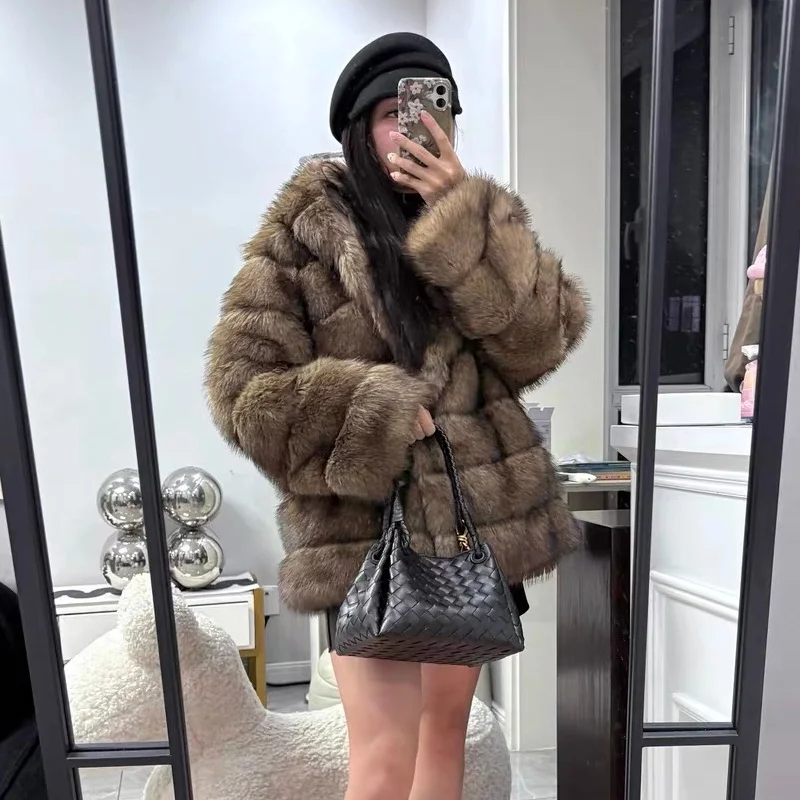 Winter Fashion Girls Faux Mink Faux Fox Artificial Fur Coat Thick Warm Outerwear With Hood Fluffy Faux Sable Fur Jacket Women
