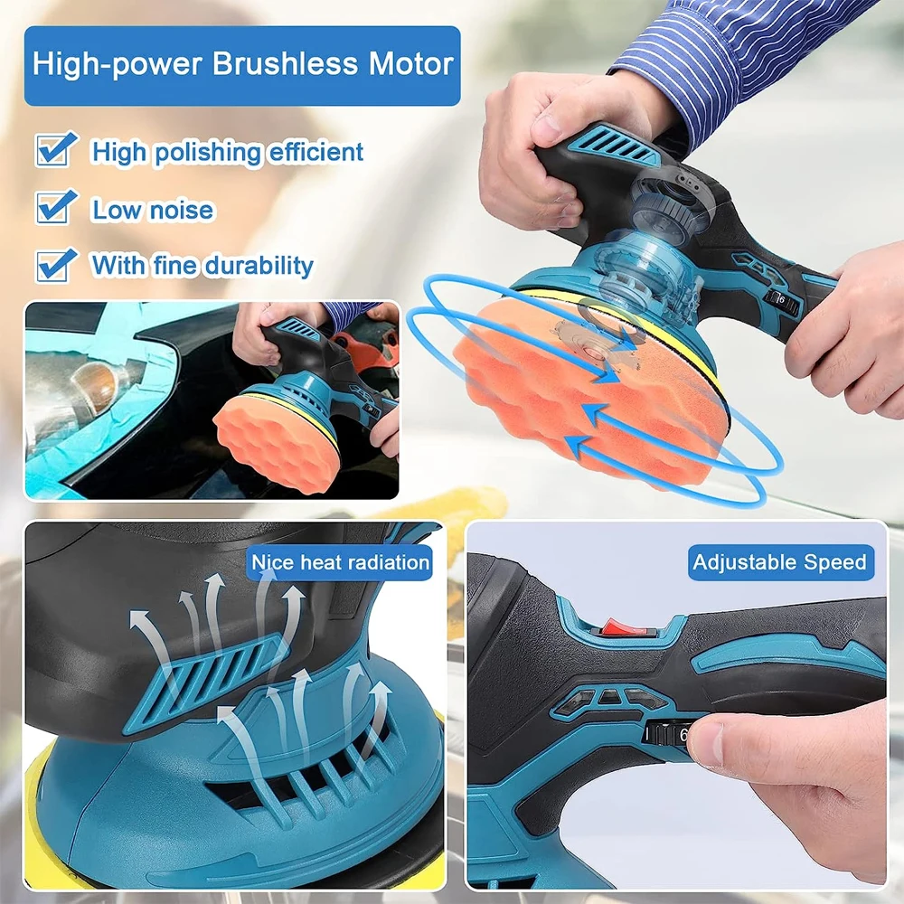 Cordless Polisher 6Gears Adjustable Car Waxing Polishing Machine Metal Waxing Wood Sanding for Makita 18v Battery（No Battery）