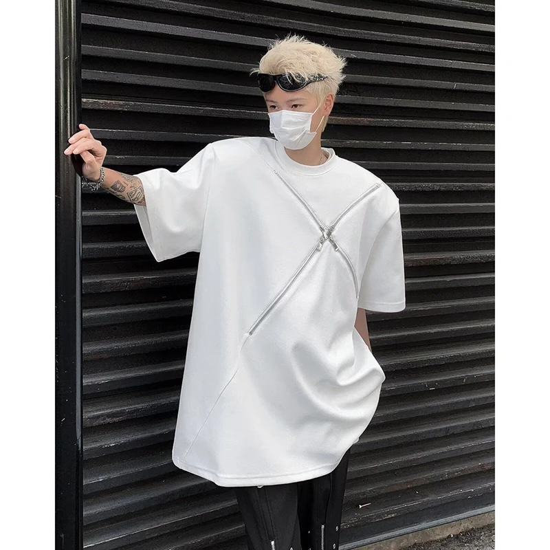 Men Fashion Cross Zipper Decor Oversized Tshirt Summer Loose Half Sleeve Tee Streetwear Hip Hop Minimalist Round Neck Casual Top