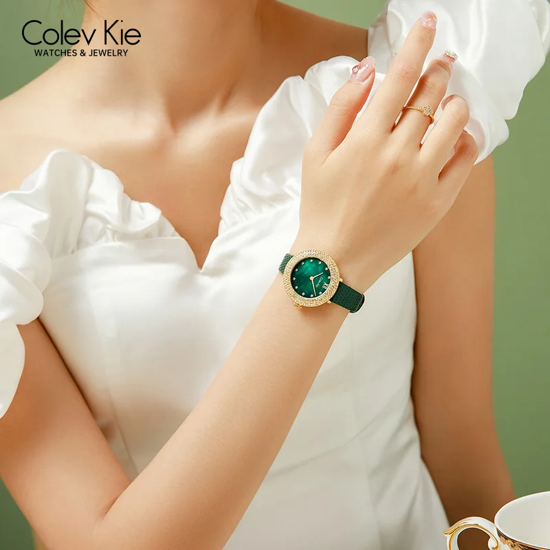 ColevKie Watch for Women Elegant Green Dial Leather Strap Ladies Wirstwatch Fashion High-end Diamond Quartz Watches Gift Sets