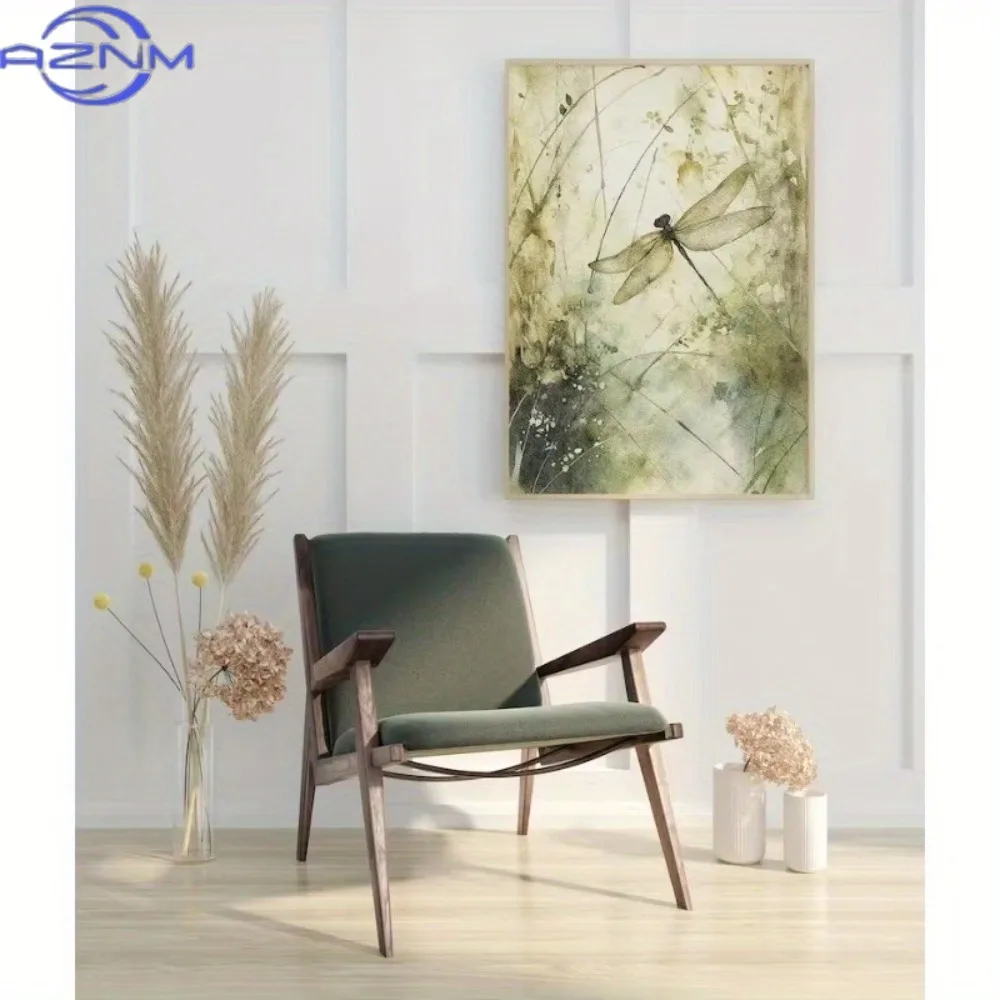 1pc Frameless Dragonfly Watercolor Lavender Flower Canvas Green Plant Purple Flower Insect Wall Art Spring and Summer Home Decor