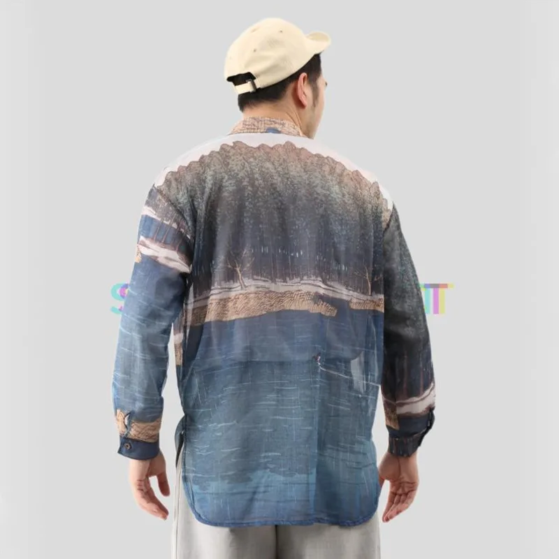 WVGA Spring Summer New Men's Semi-transparent Retro Landscape Printed SunProof Shirts Sheer Elegant Long Sleeved Tops Ins W25163
