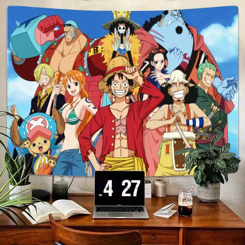 

1 шт. цельный аниме-гобелен Луффи Зоро Нами Усоп Санджи персонажи экипажа настенное искусство с голубым небом фон гобелен для спальни