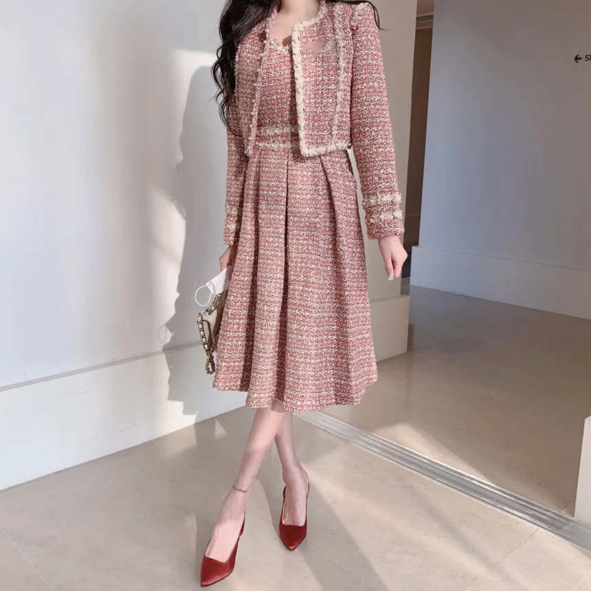 Small Fragrant Wind Set Autumn and Winter New Temperament Rough Tweed Weave Two Piece Short Cardigan Coat+Suspended Dress Suit