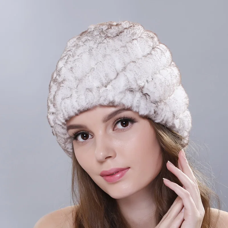 

Rex Rabbit Fur Knitted Warmer Beanies Hat Winter Warm Elastic Thick Knitting Wool Yarn Hats Pineapple Shape Cap for Women