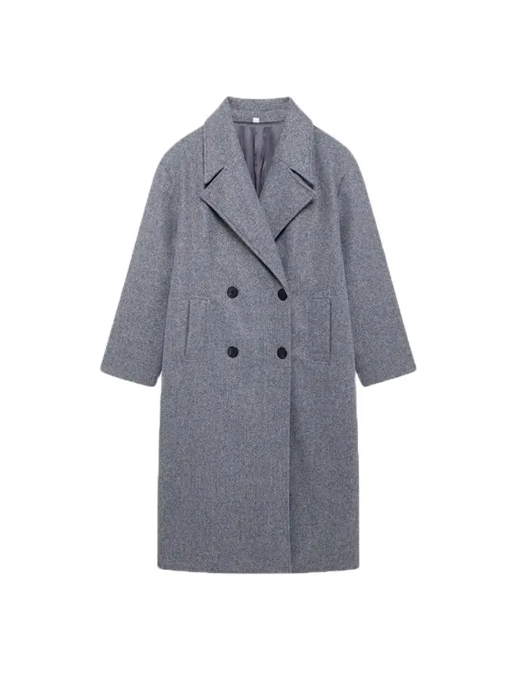 Women\'s Double Breasted Loose Woolen Coat, Lapel Collar, Long Sleeve, Female Outerwear, Chic Overcoat, Fashion