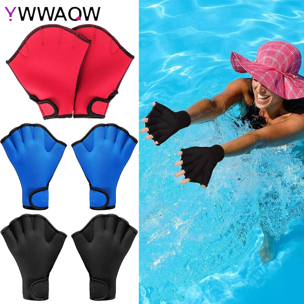 1Pair Swimming Gloves Aquatic Swim Training Gloves Webbed Fitness Water Resistance Training Gloves for Swimming with Wrist Strap