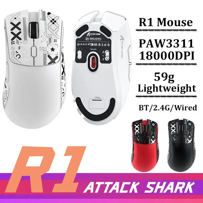 

Attack Shark R1 2,4G трехрежимная беспроводная игровая мышь Bluetooth USB-соединение 18000 точек на дюйм 1000 Гц макромы для ПК