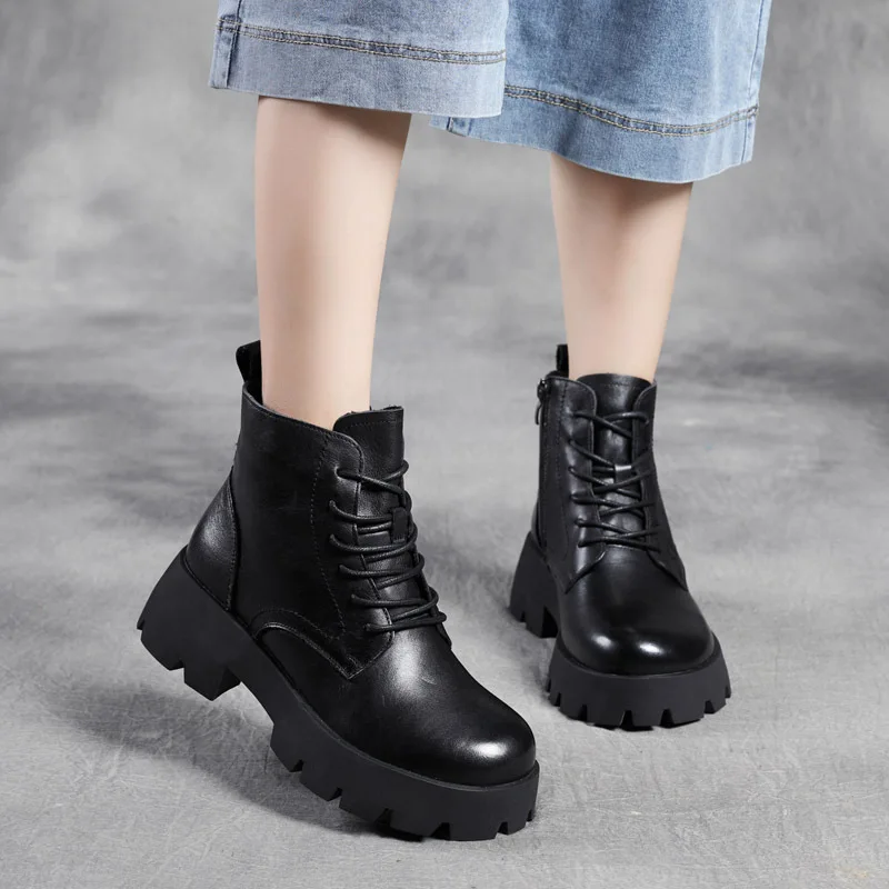 Clearance Special Offer  Chunky Heel Martin  First Layer Cowhide round Head Leisure  Booties Single  Female Factory Direct