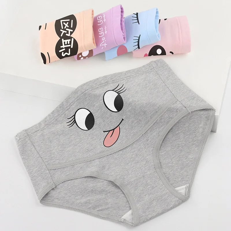 High Waist Belly Support Pregnant Women Cotton Cartoon Print and Solid Color Maternity Underwear Adjustable Face Pattern Panties