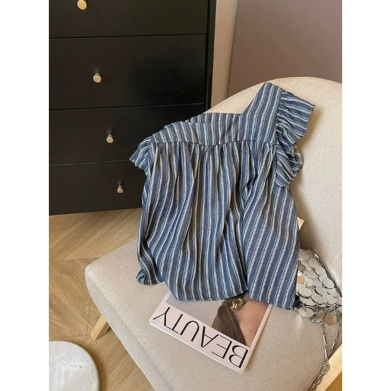 French Style Sweet Niche Square Neck Short-sleeved T-shirt Women's Striped Women's 2024 Summer New Striped Cute Top