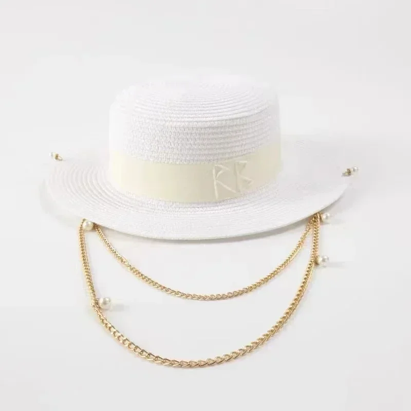 

Hot selling items summer new arrival Double Chain Strap Fedora Hat straw hat for women Sunscreen beach sun hat