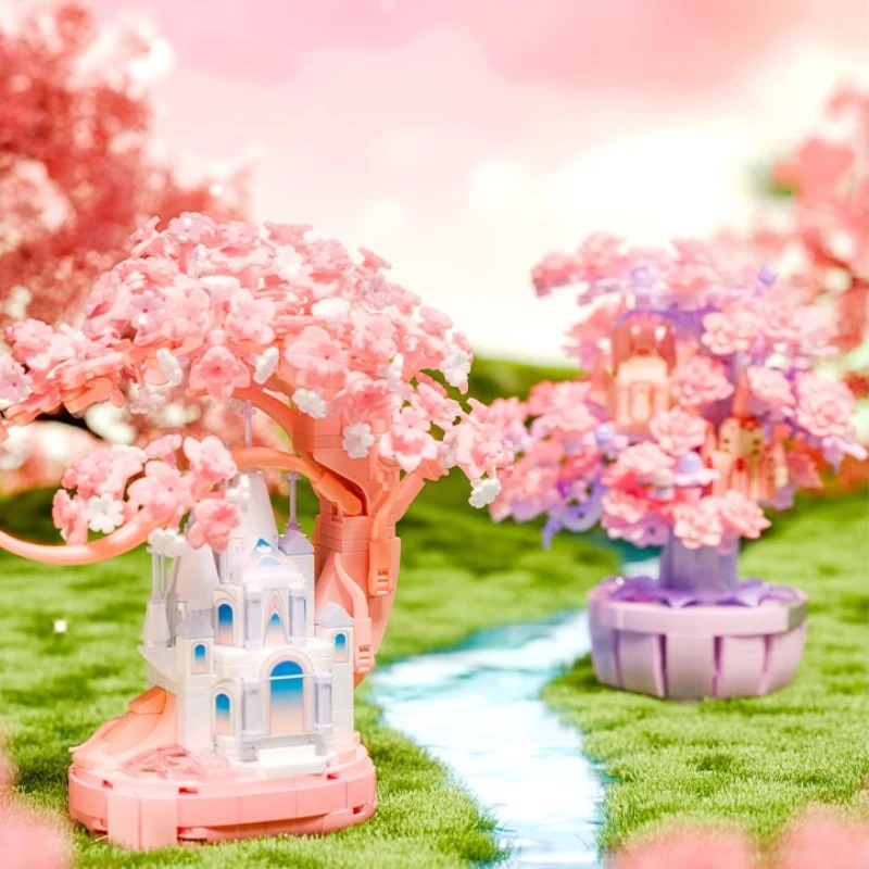 مكعبات بناء مجتمع ضوء القمر بيت شجرة ساكورا DIY لعبة تجميع إبداعية هدية عيد ميلاد حالمة للفتيات