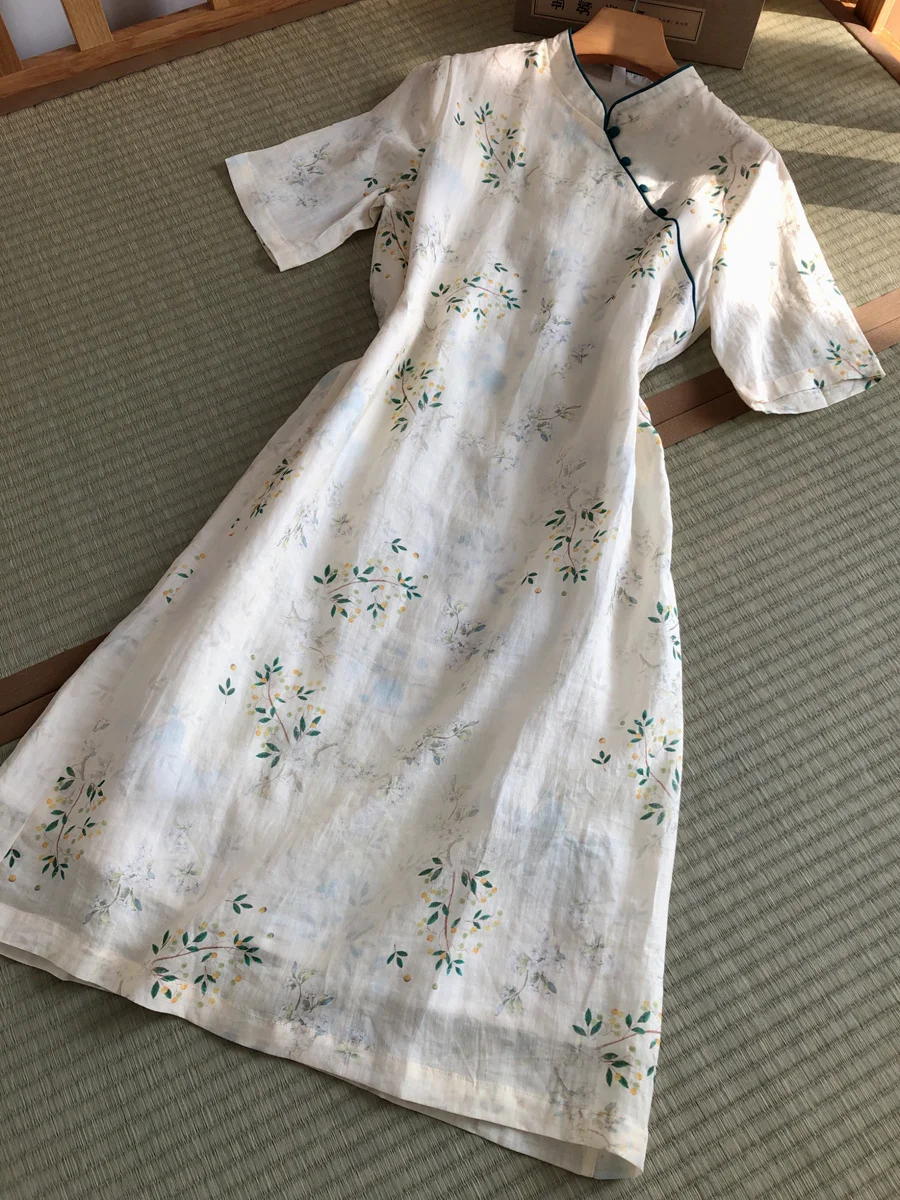 Katoen Linnen Qipao Dr Vrouwen Zomer Leeftijd Verlagen Bloemenprint A-lijn Rok Sle Casual Faion Stand Kraag ort Sve