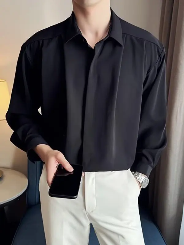 Korean Style Men's Long Sleeve Shirt Loose Fit White Pleated Design Cool And Handsome Hong Kong Style Casual Outerwear