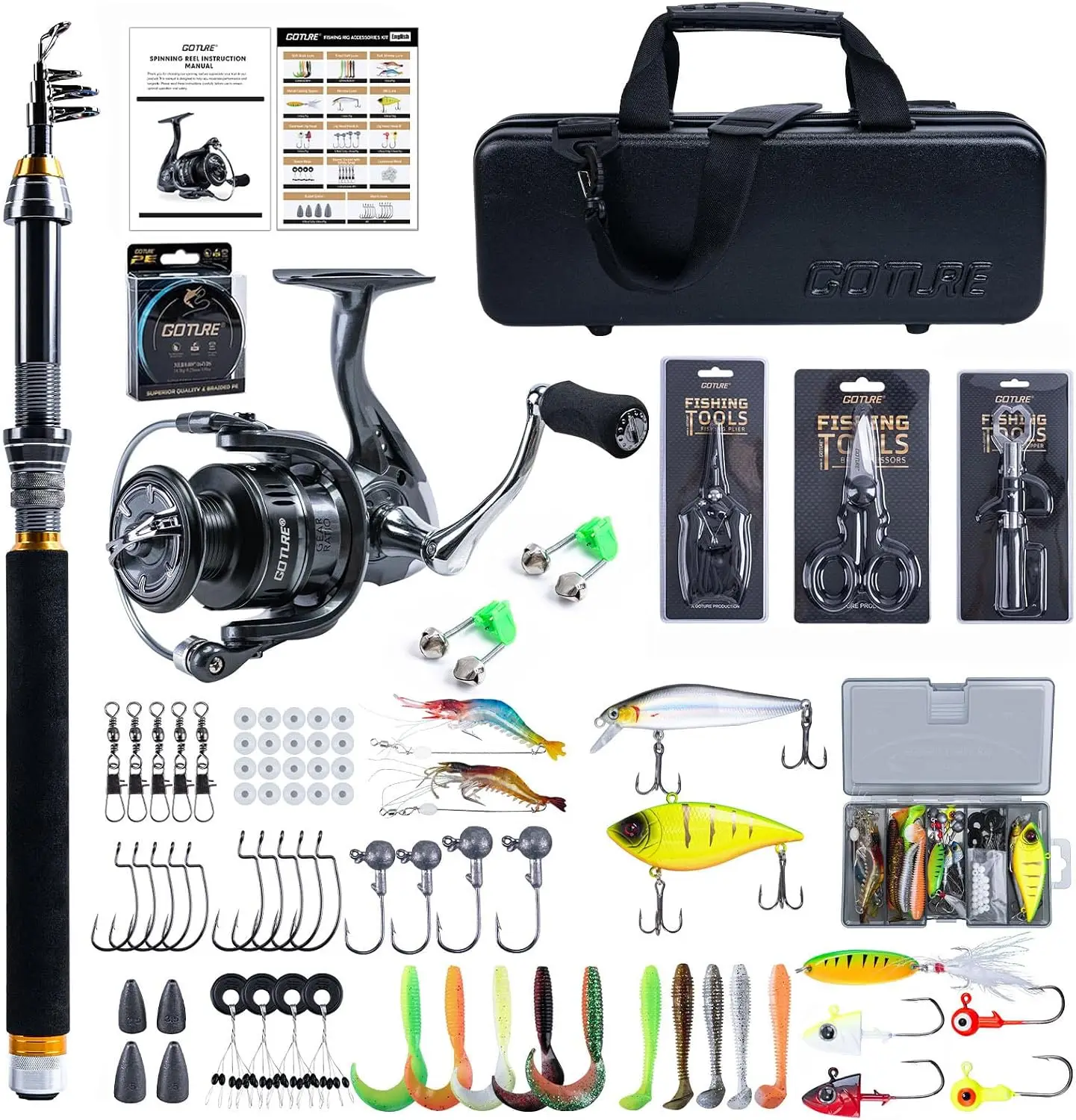 Telescopic Fishing Rod and Reel Combo Set with Hard Shell PC Suitcase - Spinning Reel, Lures Kit for Beginner Travel Saltwater F