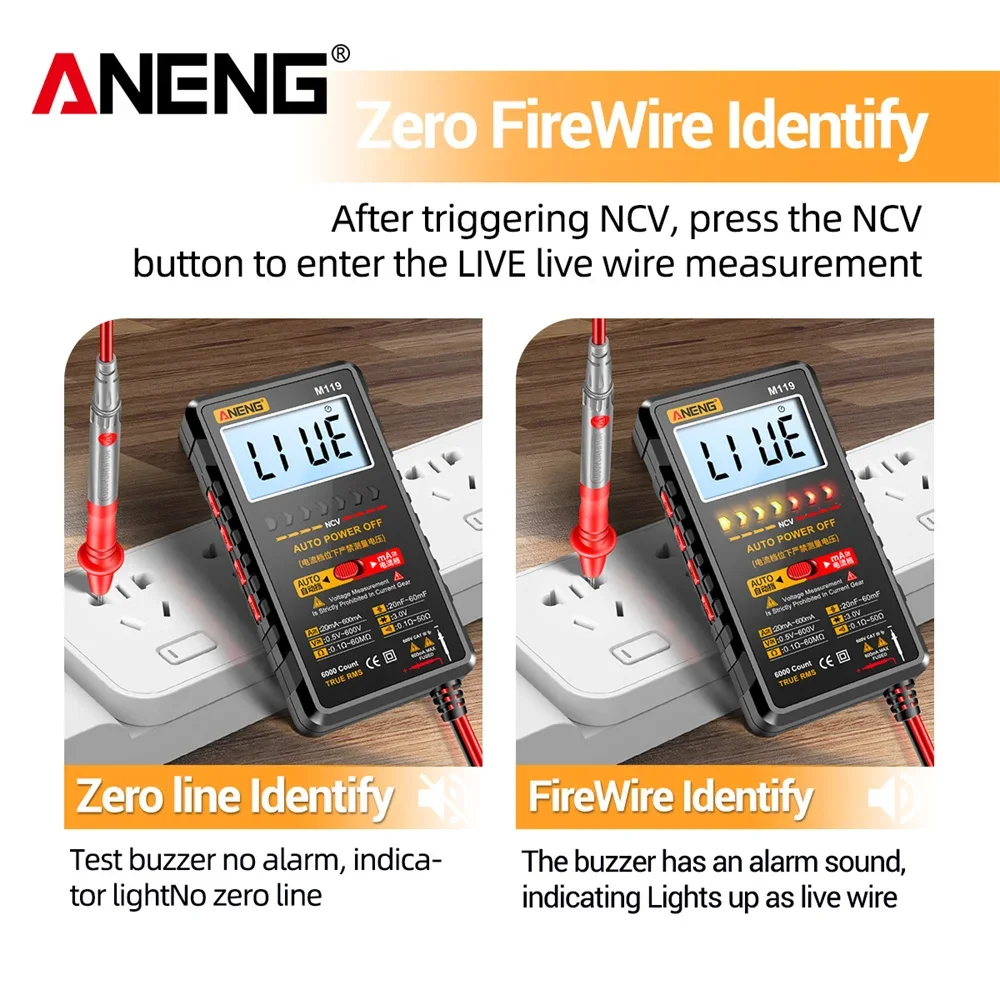 ANENG M119 Digital Multimeter 6000 Count Tester AC DC Voltage DC Current Transistor Capacitor MeterWith NCV Data Hold Flashlight