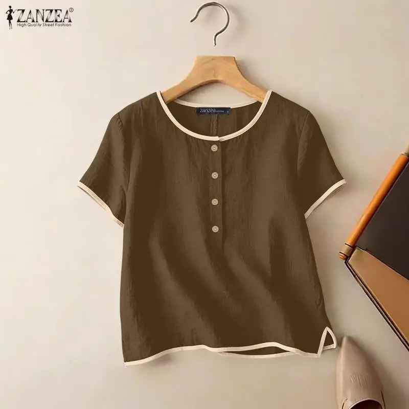 Women Vintage Cotton Tops ZANZEA Summer Short Sleeve Blouse Contrast Trim Buttons -Up Minimalist Shirt Casual Office Loose Mujer