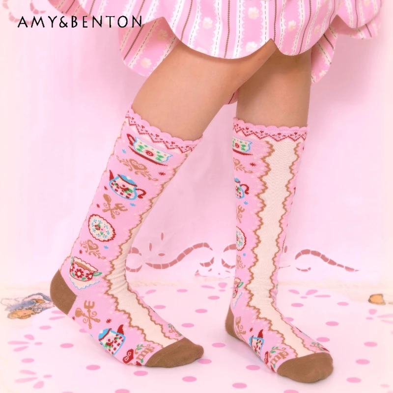 Original Design Colorful Pattern Lace Women's  Hosiery Original Design Cute Sweet Versatile Age-Reducing Mid-Calf Socks Ladies